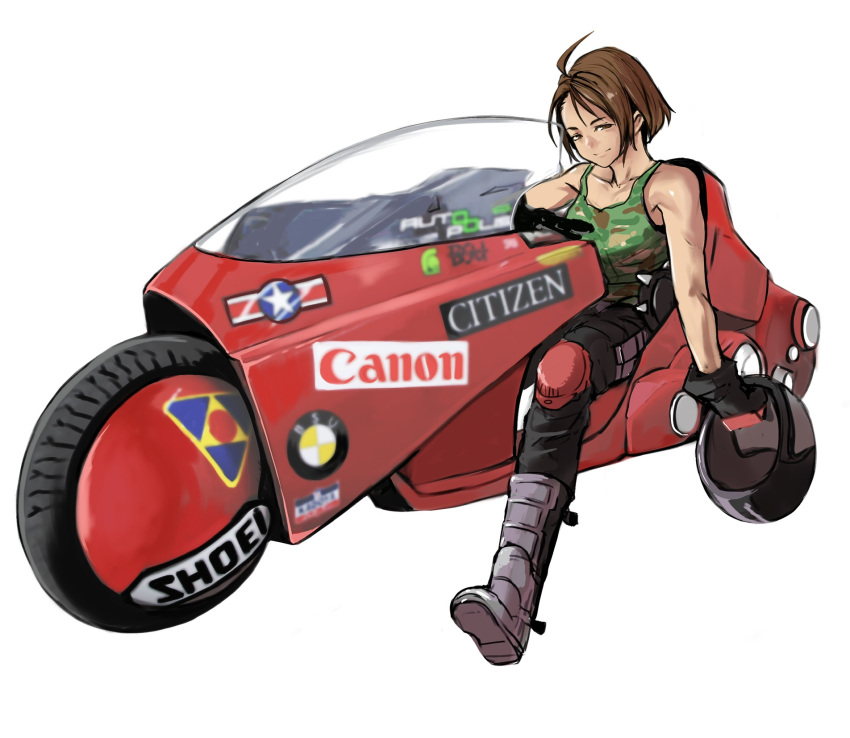 1girl 6maker ahoge akira black_gloves black_pants boots breasts brown_eyes brown_hair camouflage_tank_top crossover full_body gloves ground_vehicle headwear_removed helmet helmet_removed highres holding holding_helmet justice_gakuen kaneda_shoutarou's_bike kazama_akira looking_at_viewer medium_breasts motor_vehicle motorcycle namesake pants shin_guards short_hair sitting sleeveless solo street_fighter street_fighter_v toned