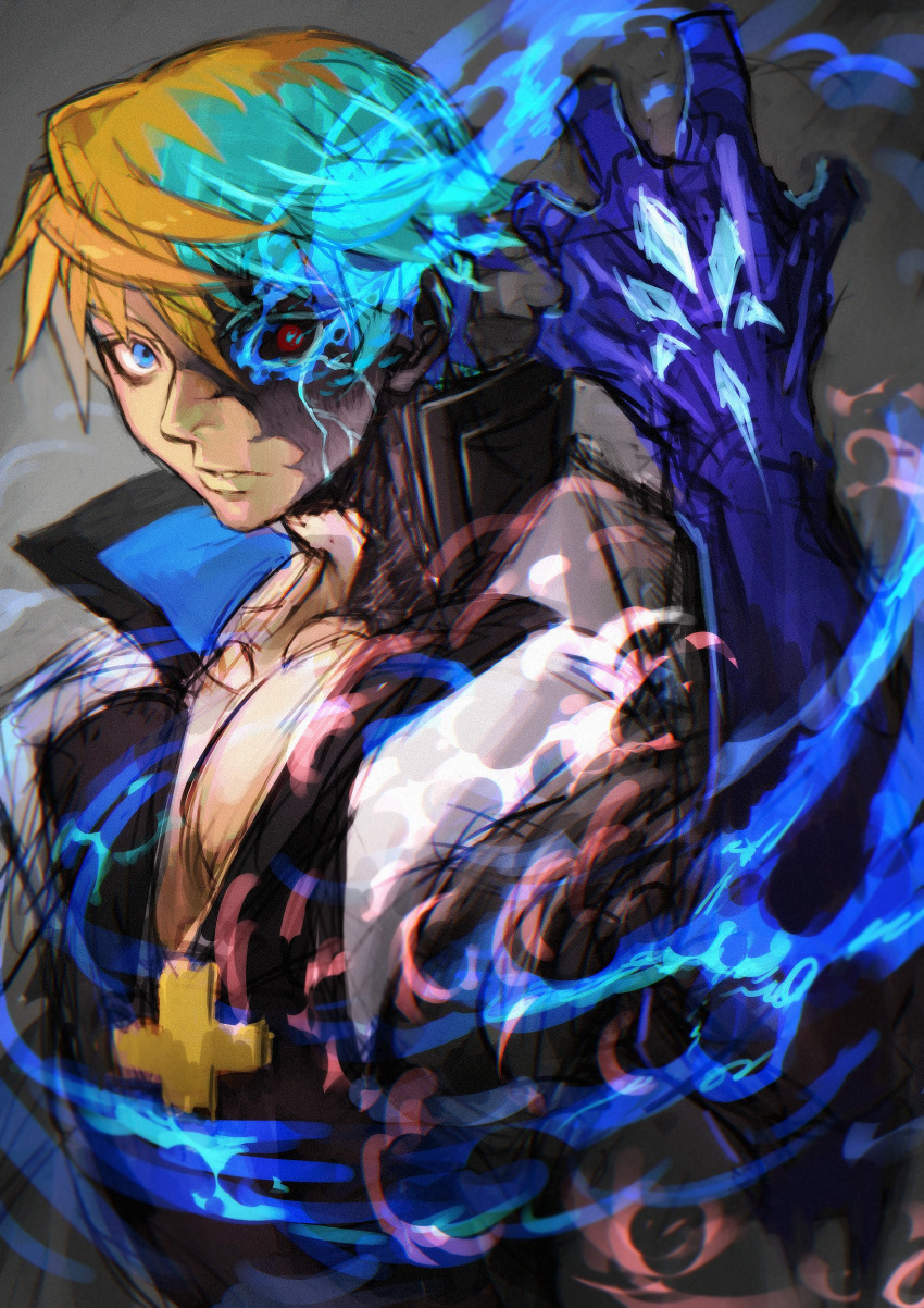 1boy absurdres arm_up aura black_sclera black_skirt blue_eyes claws collarbone colored_sclera cross dragon_install fingerless_gloves gloves glowing glowing_eye guilty_gear guilty_gear_strive hair_between_eyes heterochromia highres jacket ky_kiske looking_at_viewer male_cleavage male_focus multicolored_hair open_mouth pectorals red_eyes shiny short_hair simple_background skirt solo teeth upper_body veins white_jacket yohane_shimizu