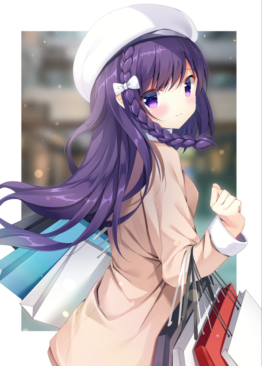1girl absurdres bag bangs beret blurry blurry_background blush bow braid breasts brown_coat closed_mouth coat commentary_request depth_of_field eyebrows_visible_through_hair from_side gochuumon_wa_usagi_desu_ka? hair_bow hand_up hat highres long_hair long_sleeves looking_at_viewer looking_to_the_side medium_breasts paper_bag pizzzica purple_eyes purple_hair shopping_bag smile solo tedeza_rize very_long_hair white_bow white_headwear