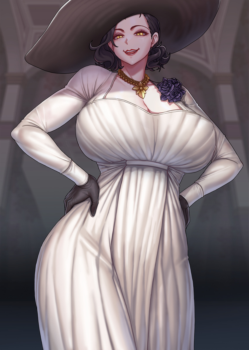1girl alcina_dimitrescu black_gloves black_hair breasts cleavage corsage dress gloves gonster hands_on_hips hat highres jewelry large_breasts necklace pale_skin resident_evil resident_evil_village short_hair small_head smile solo sun_hat white_dress yellow_eyes