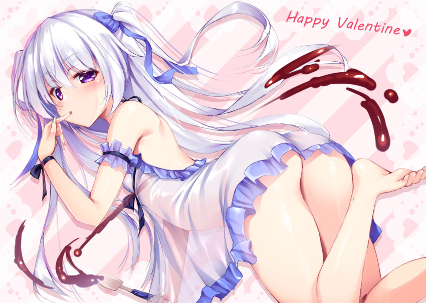 1girl arm_garter ass back bangs bare_shoulders barefoot blue_ribbon blush breasts chocolate chocolate_syrup english_text eyebrows_visible_through_hair finger_licking frills hair_between_eyes hair_ribbon holding licking long_hair naoki_(endofcentury102) original purple_eyes ribbon see-through silver_hair small_breasts solo spatula striped striped_background toes two_side_up valentine wrist_ribbon