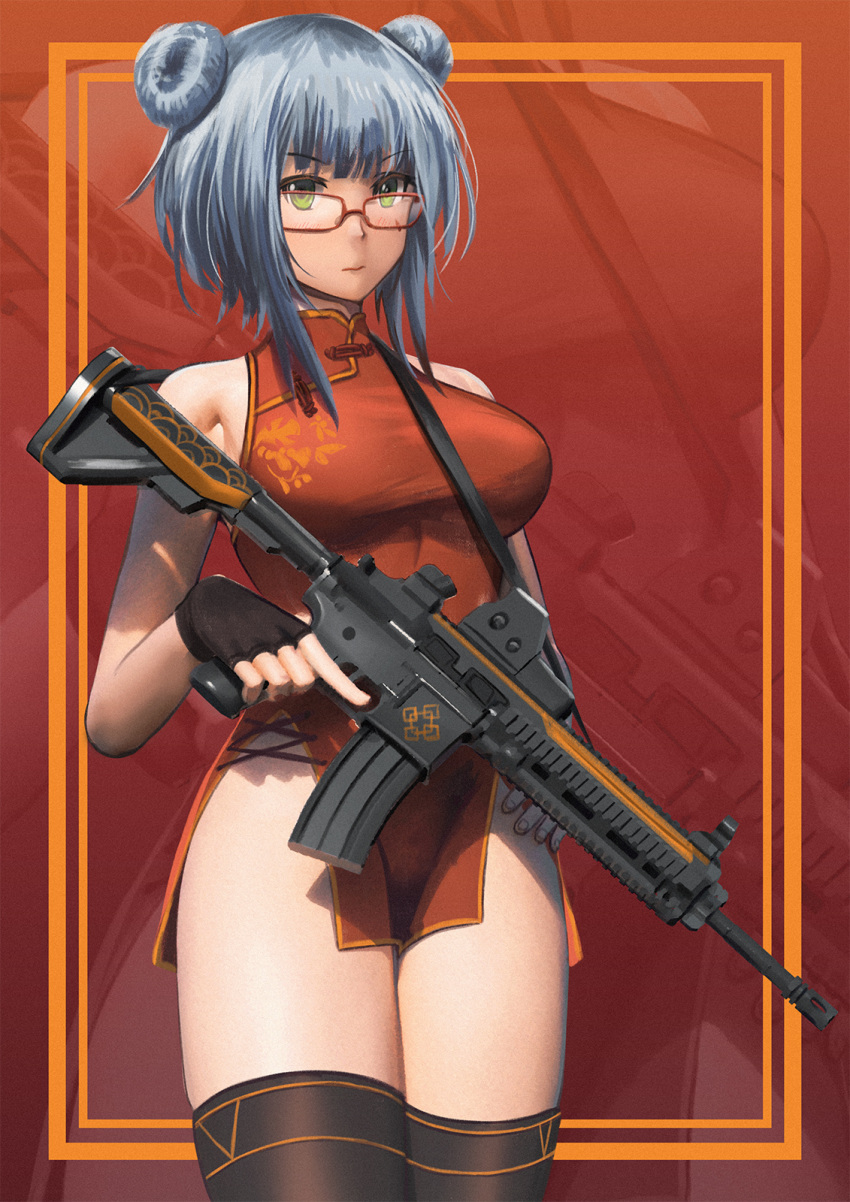 1girl alternate_costume alternate_hairstyle assault_rifle bespectacled black_gloves black_legwear breasts china_dress chinese_clothes double_bun dress facial_mark fingerless_gloves girls_frontline glasses gloves green_eyes gun h&amp;k_hk416 highres hk416_(girls_frontline) medium_breasts persocon93 red-framed_eyewear red_dress rifle short_dress silver_hair sleeveless sleeveless_dress solo thighhighs weapon