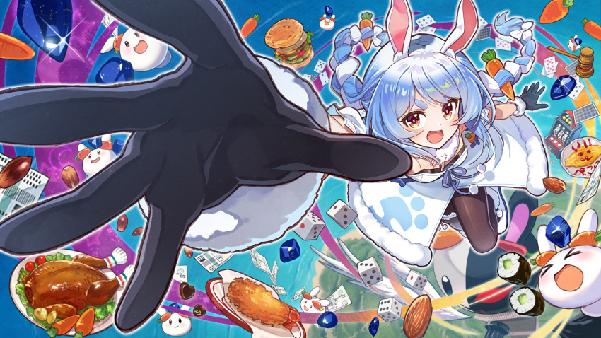 &gt;_&lt; 1girl 777 :d animal_ears black_gloves black_leotard black_pantyhose blue_hair braid burger carrot_hair_ornament choker coat coat_dress colored_shoe_soles commentary_request detached_sleeves don-chan_(usada_pekora) dress food food-themed_hair_ornament frilled_thigh_strap fur-trimmed_coat fur-trimmed_gloves fur_scarf fur_trim gem gloves hair_ornament heart heart_choker highres hikimayu hololive leotard leotard_under_clothes long_hair mary_janes midair multicolored_hair omelet omurice open_mouth orange_eyes outdoors pantyhose pekomon_(usada_pekora) puffy_detached_sleeves puffy_short_sleeves puffy_sleeves rabbit-shaped_pupils rabbit_ears rabbit_girl reaching reaching_towards_viewer sakino_shingetsu scarf shoes short_eyebrows short_sleeves sidelocks slot_machine smile solo strapless strapless_leotard sushi swept_bangs symbol-shaped_pupils teeth thick_eyebrows thigh_strap turkey_(food) twin_braids two-tone_hair upper_teeth_only usada_pekora usada_pekora_(1st_costume) v-shaped_eyebrows virtual_youtuber white_coat white_hair white_scarf white_shoes white_sleeves
