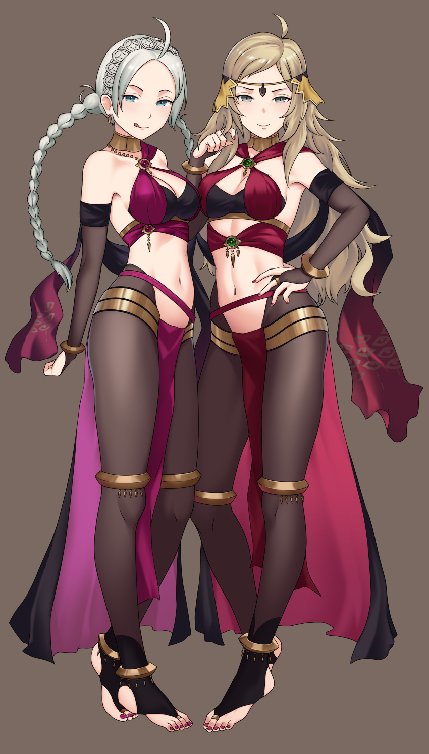 2girls absurdres ahoge alternate_costume bare_shoulders blonde_hair breasts bushidokuroi commission commissioner_upload cosplay dancer dorothea_arnault dorothea_arnault_(cosplay) earrings feet fire_emblem fire_emblem_fates fire_emblem_heroes full_body highres jewelry lene_(fire_emblem) lene_(fire_emblem)_(cosplay) licking_lips medium_breasts midriff multiple_girls navel nina_(fire_emblem) ophelia_(fire_emblem) red_nails revision toeless_legwear tongue tongue_out twintails white_hair