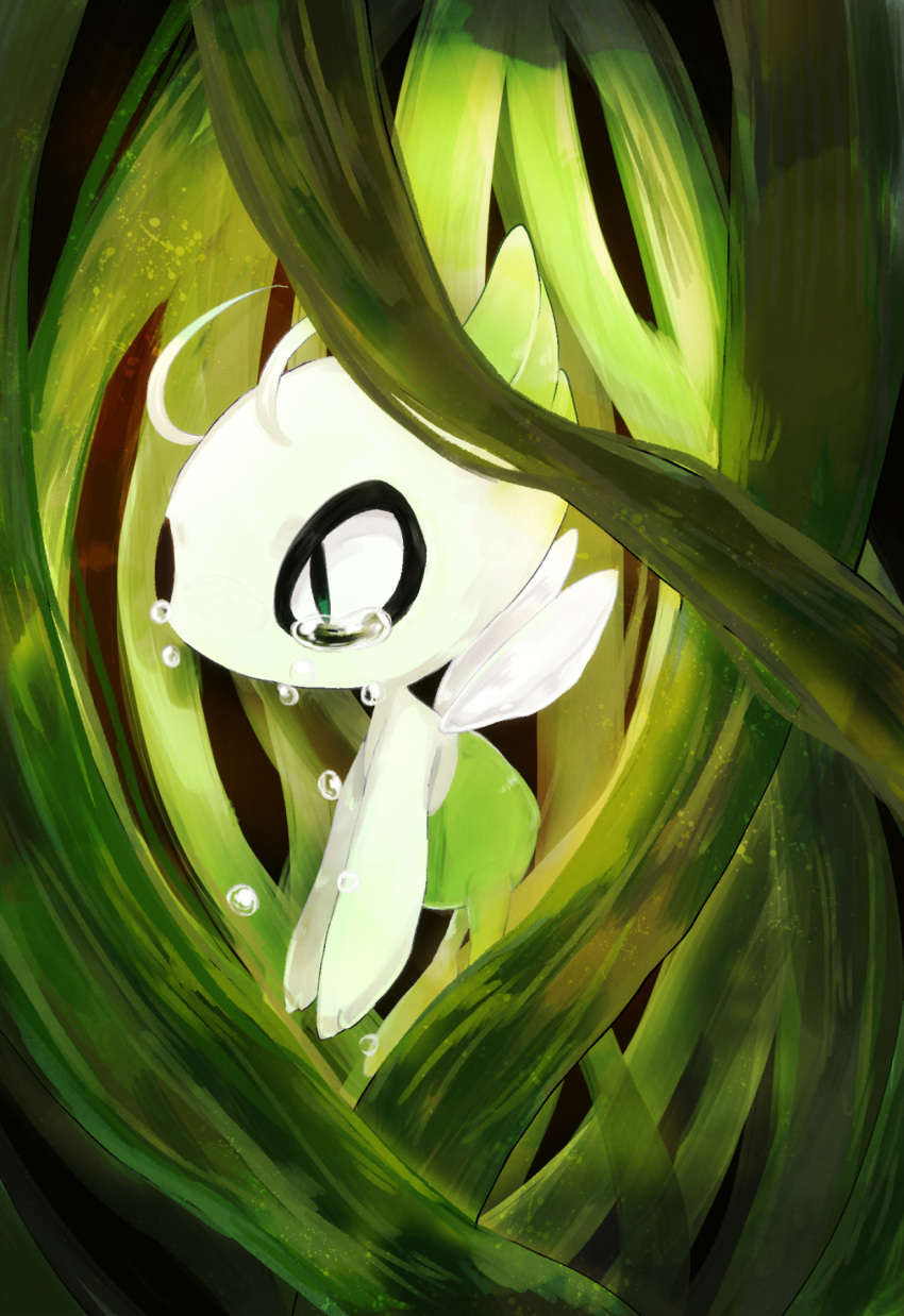 antennae banchiku celebi commentary_request crying fairy fairy_wings from_side gen_2_pokemon glowing green_eyes green_theme highres legendary_pokemon mythical_pokemon plant pokemon pokemon_(anime) pokemon_(classic_anime) pokemon_(creature) pokemon_m04 sad solo tears vines wings