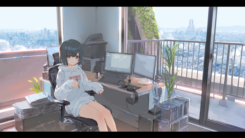 1girl :3 absurdres balcony black_hair blush brown_eyes building chair city cityscape closed_mouth cloud computer computer_tower cup desk drawing_tablet electric_fan fan file_cabinet foliage glass_door headphones headphones_removed highres holding holding_pen holding_stylus hood hood_down hoodie indoors izumi_sai keyboard_(computer) laundry_pole legs letterboxed long_sleeves looking_at_viewer monitor mountainous_horizon no_pants office_chair original paper paper_stack pen plant potted_plant railing scenery short_hair sitting sky skyscraper sleeves_past_wrists smile solo stylus white_hoodie window