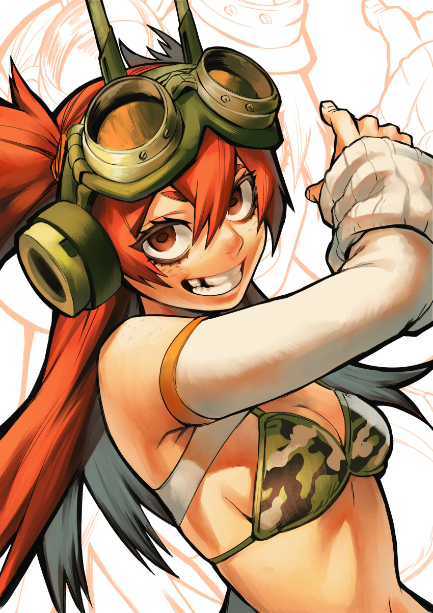 1girl absurdres bikini bikini_top_only body_freckles breasts brown_eyes camouflage camouflage_bikini cleavage commentary detached_sleeves english_commentary freckles goggles goggles_on_head green_bikini grin hair_between_eyes hand_up headphones highres long_hair looking_at_viewer medium_breasts missing_tooth nifast_(greentail) original parody red_hair shoulder_freckles smile solo style_parody swimsuit truck_(nifast_(greentail)) two_side_up upper_body urana_kei_(style) white_background white_sleeves