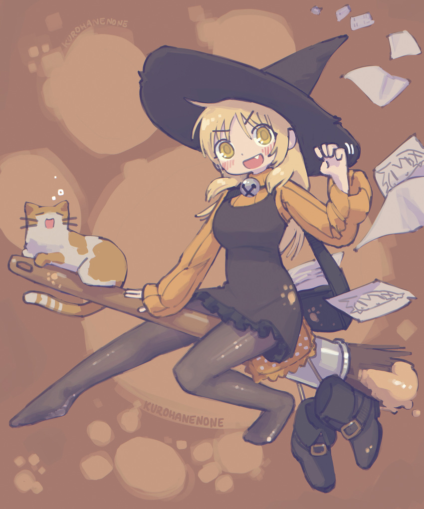 1girl absurdres art_brush artist_name barefoot bell belt_boots blonde_hair blush boots breasts broom broom_riding cat cushion dress fang flying_paper giant_brush hair_ornament hat hidamari_sketch highres jingle_bell kurohanenone large_breasts long_hair looking_at_viewer miyako_(hidamari_sketch) neck_bell paint paintbrush pantyhose paper paw_pose polka_dot shoes sleeveless sleeveless_dress stained_clothes sweater unworn_shoes witch witch_hat x_hair_ornament yawning yellow_eyes yuno_(hidamari_sketch)