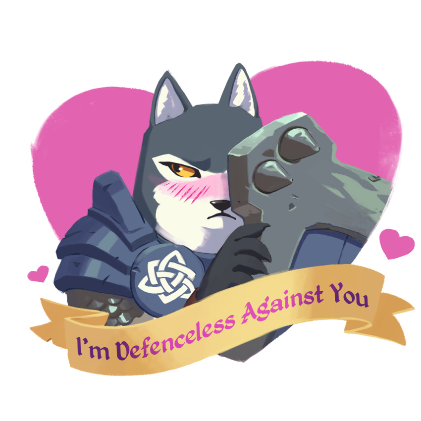 &lt;3 anthro armello armor blush canid canine canis clothed clothing english_text female fur grey_body grey_fur holidays magna_(armello) mammal multicolored_body official_art one_eye_obstructed shield shy simple_background solo text two_tone_body unknown_artist valentine's_day video_games weapon white_background white_body white_fur wolf yellow_sclera