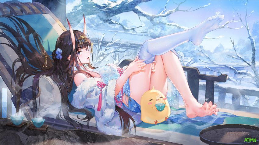 animal anthropomorphism atdan azur_lane barefoot bird black_hair chinese_clothes chinese_dress demon dress drink horns long_hair manjuu_(azur_lane) noshiro_(azur_lane) purple_eyes signed snow thighhighs tree winter