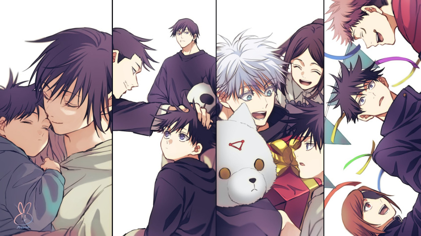 3girls 5boys ^_^ aged_down black_hair box brown_eyes brown_hair closed_eyes commentary eyepatch facial_hair fushiguro_megumi fushiguro_touji fushiguro_tsumiki gift gift_box gojou_satoru hand_on_another's_head hashtag-only_commentary highres holding holding_gift hood hoodie itadori_yuuji jujutsu_kaisen jujutsu_tech_uniform kugisaki_nobara megumi's_mother_(jujutsu_kaisen) mother_and_son multiple_boys multiple_girls mustache niina_1oo9 open_mouth pink_hair ponytail shiu_kong sidelocks signature simple_background smile spiked_hair swept_bangs symbol-only_commentary white_background white_hair