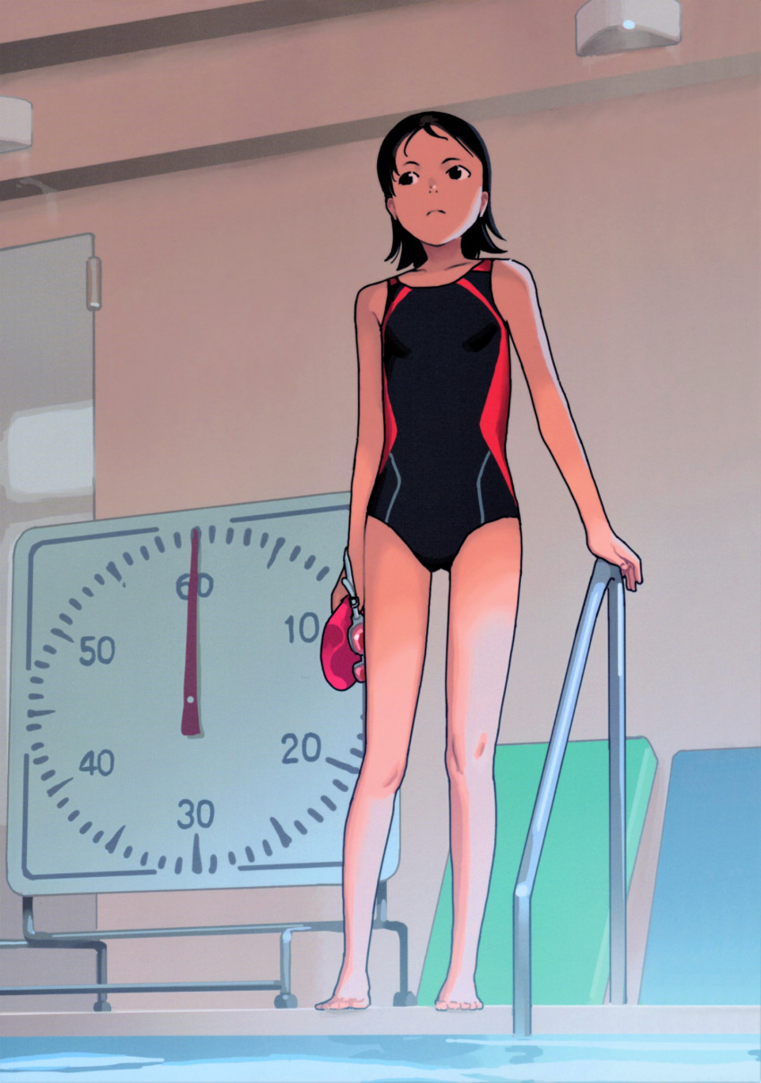 1girl black_eyes black_hair black_swimsuit goggles hand_on_railing highres holding holding_goggles indoors looking_afar messy_hair mirror one-piece_swimsuit original pool solo standing swim_cap swim_cap_removed swimsuit takamichi timer