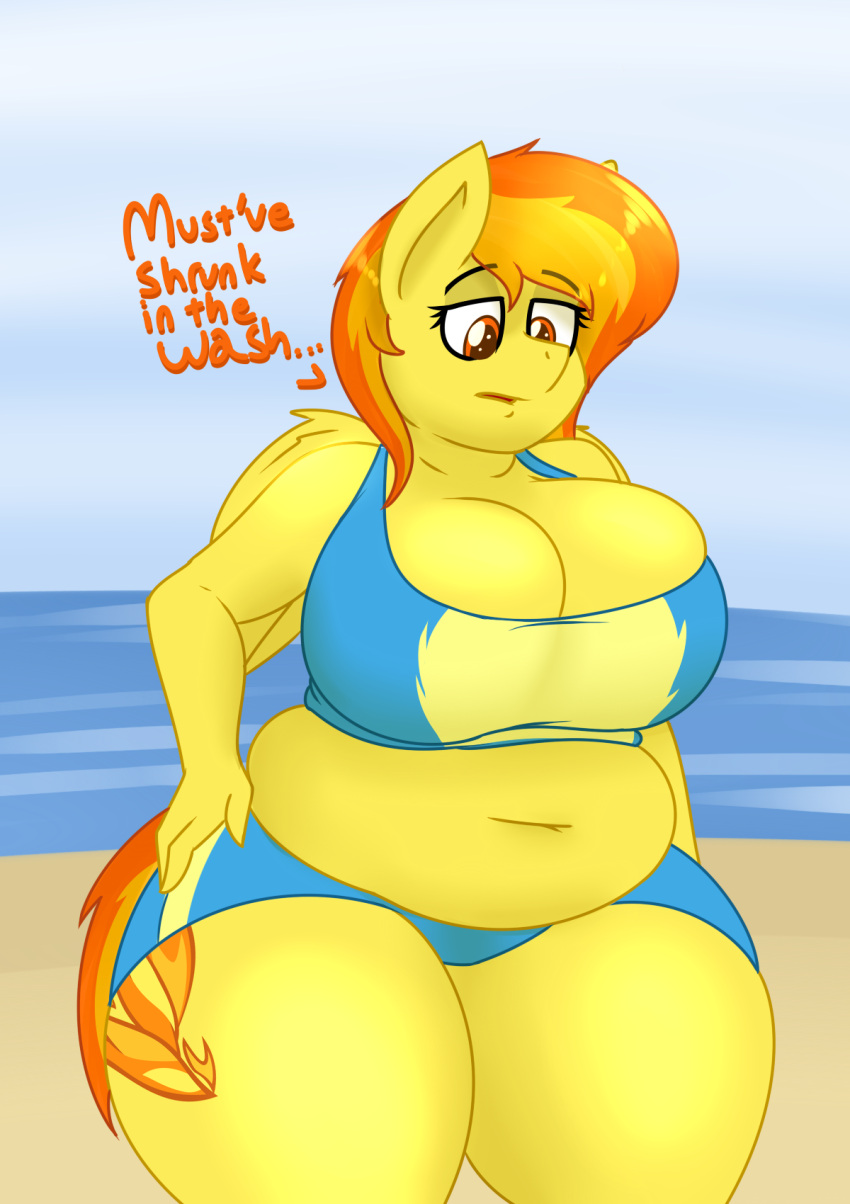 anthro anthrofied beach big_breasts breasts cleavage clothed clothing coatieyay dialogue equid equine female friendship_is_magic hair hasbro hi_res mammal my_little_pony orange_hair outside overweight overweight_anthro overweight_female pegasus seaside solo spitfire_(mlp) standing thick_thighs wings wonderbolts_(mlp) yellow_body