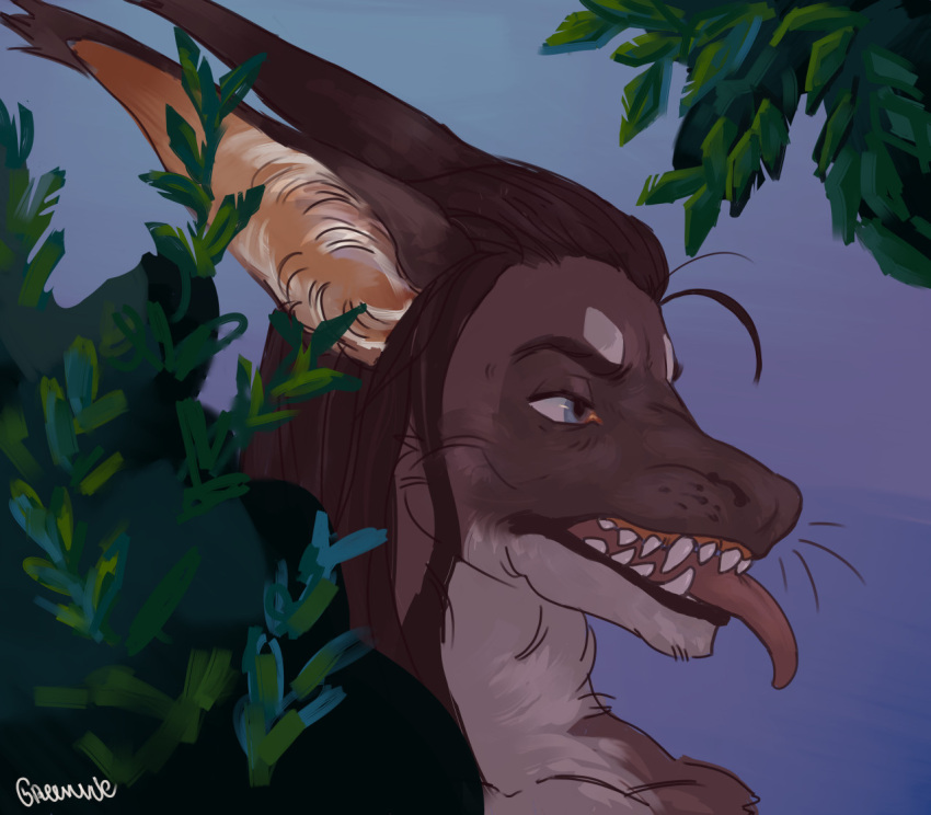 anthro blue_eyes brown_body brown_fur brown_hair ears_back eyebrows female fur greennie hair inner_ear_fluff lizard looking_aside pivoted_ears plant portrait reptile scalie shrub sky solo teeth teeth_showing tongue tongue_out tuft white_body white_fur