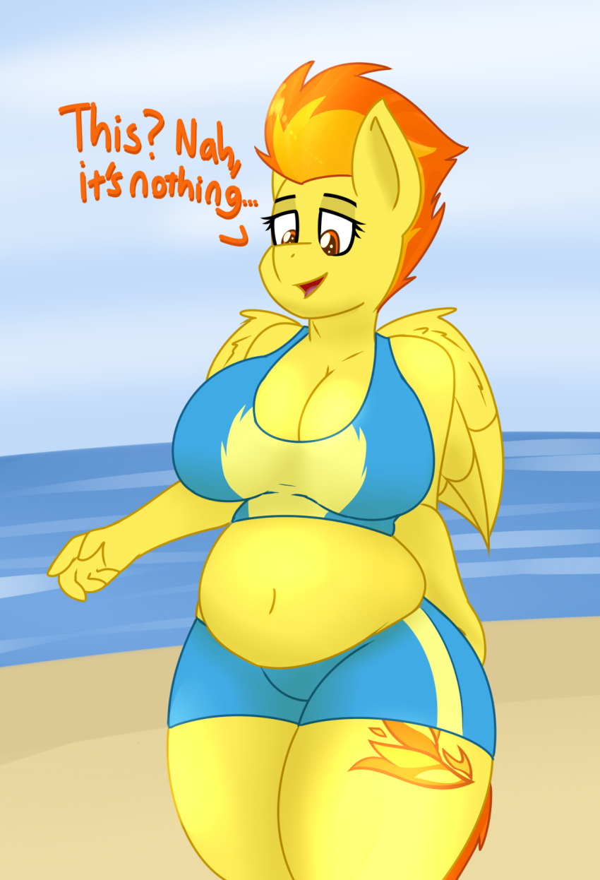 anthro anthrofied beach big_breasts breasts cleavage clothed clothing coatieyay dialogue equid equine female friendship_is_magic hair hasbro hi_res mammal my_little_pony orange_hair outside pegasus seaside solo spitfire_(mlp) standing wings wonderbolts_(mlp) yellow_body