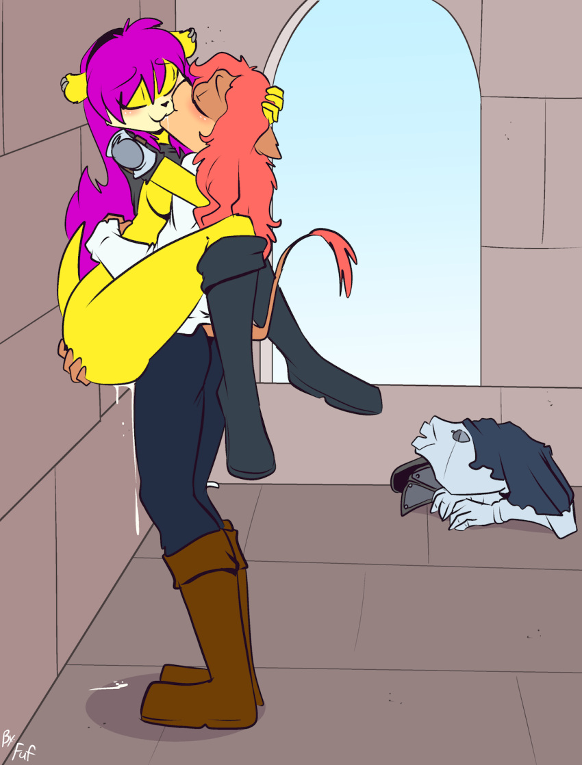 anthro archie_comics bodily_fluids boots bottomless breasts brown_body brown_fur clothed clothing cum duo ear_piercing ear_ring felid female footwear fuf fur genital_fluids hair hi_res kissing klaue_the_lion lion male male/female mammal mina_mongoose orange_hair pantherine piercing purple_hair sonic_the_hedgehog_(archie) sonic_the_hedgehog_(comics) sonic_the_hedgehog_(series) tail_tuft tuft yellow_body yellow_fur