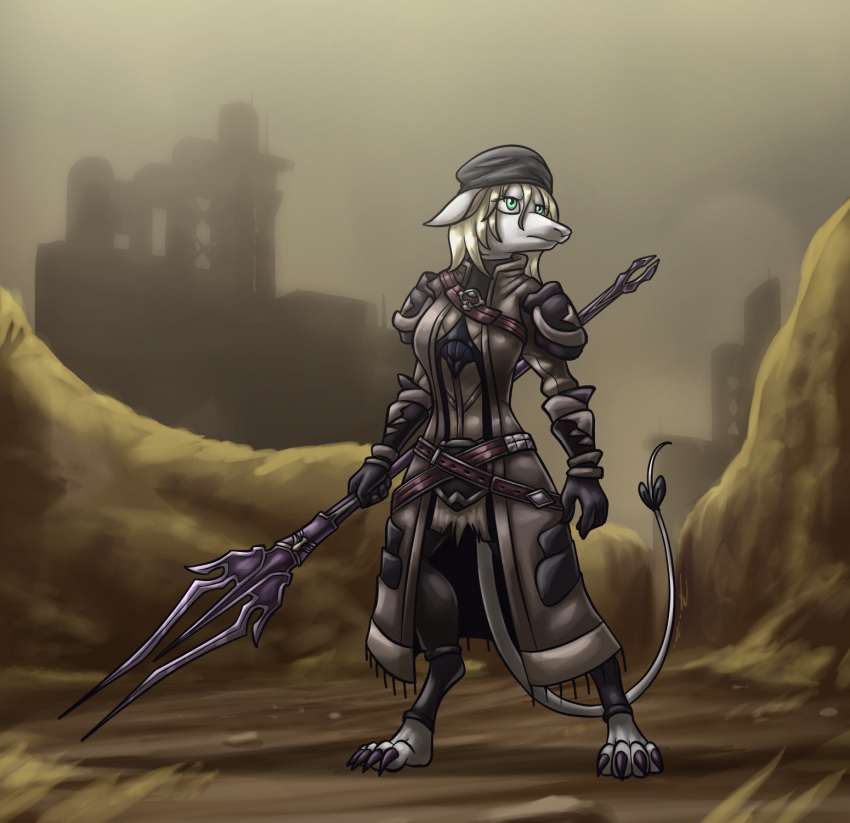 2021 4_toes anthro armor bassybefuddle belt black_claws black_clothing black_coat black_hat black_headwear black_legwear black_topwear blonde_hair burmecian claws clothing coat detailed_background feet female final_fantasy final_fantasy_ix final_fantasy_xiv freya_crescent front_view fur green_eyes grey_body grey_clothing grey_coat grey_fur grey_topwear hair halberd hat headgear headwear hi_res holding_object holding_weapon legwear looking_away looking_up mammal melee_weapon pauldron polearm pose rodent solo square_enix toe_claws toes topwear trenchcoat video_games wasteland weapon