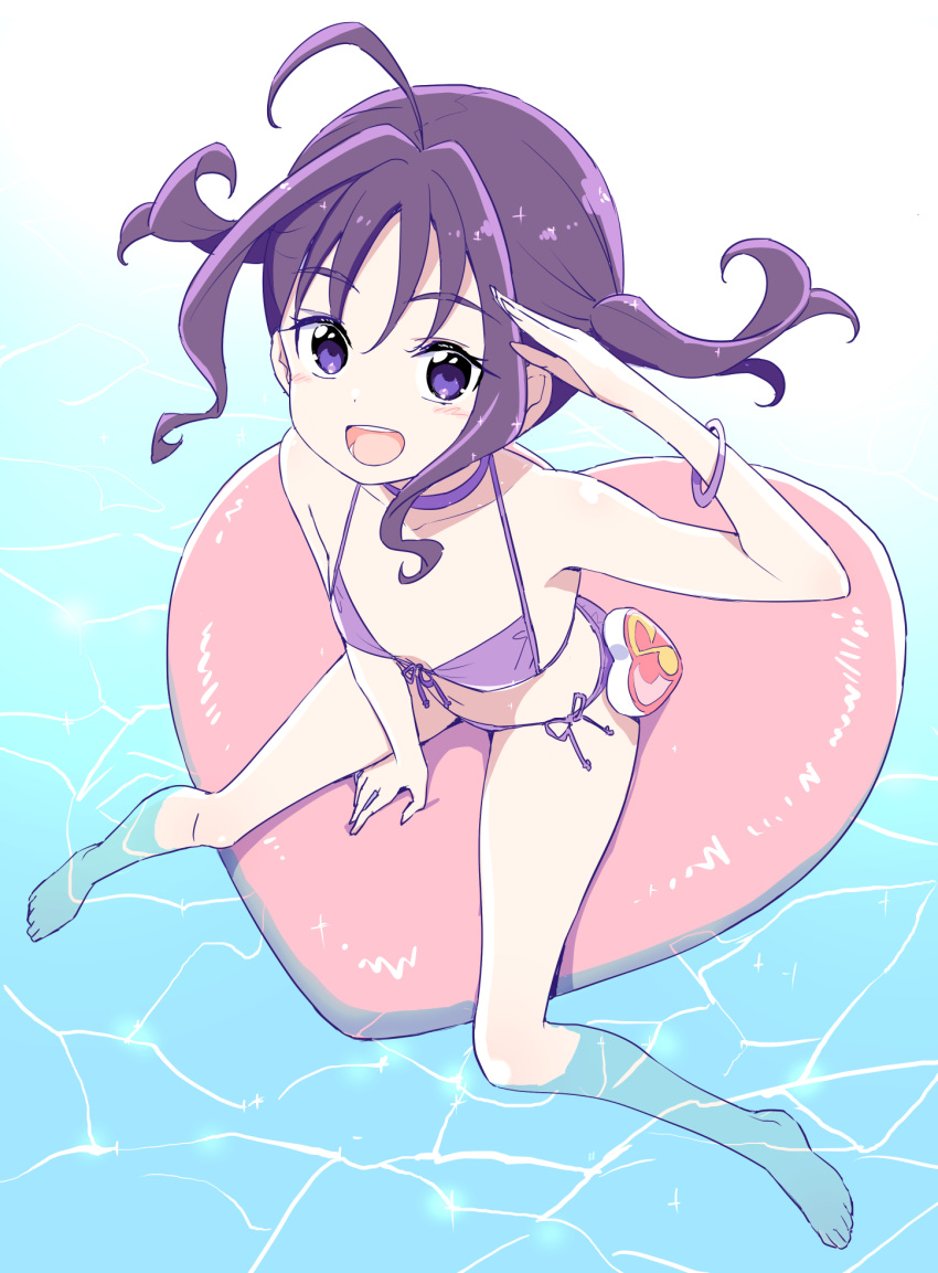 1girl :d ahoge akata_itsuki bare_arms bare_legs barefoot between_legs bikini blush bracelet choker flat_chest from_above full_body hair_between_eyes hair_intakes halterneck hand_between_legs highres inflatable_toy jewelry kimi_to_idol_precure long_hair precure purple_bikini purple_choker purple_eyes purple_hair salute shigure_kokoro side-tie_bikini_bottom smile soaking_feet solo swimsuit twintails