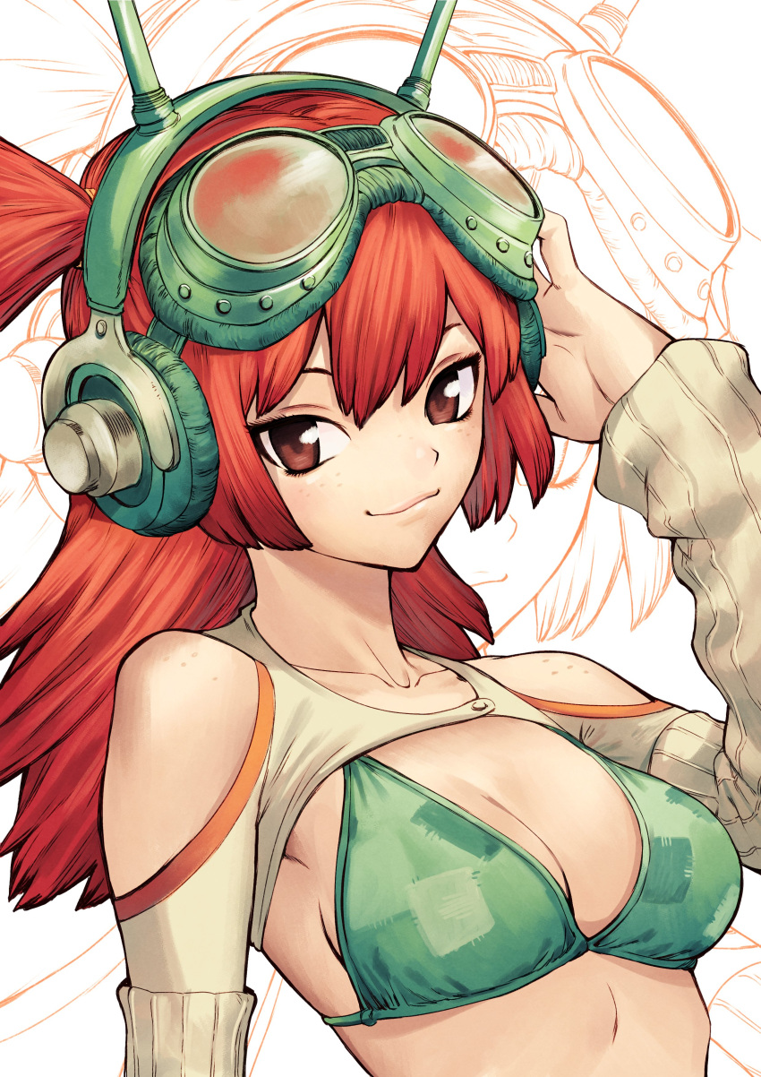 1girl absurdres arm_up bikini bikini_top_only body_freckles boichi_(style) breasts brown_eyes camouflage camouflage_bikini cleavage commentary detached_sleeves english_commentary freckles goggles goggles_on_head green_bikini hair_between_eyes hand_on_headphones headphones highres long_hair looking_at_viewer medium_breasts nifast_(greentail) original parody red_hair shoulder_freckles smile solo style_parody swimsuit truck_(nifast_(greentail)) two_side_up upper_body white_background white_sleeves