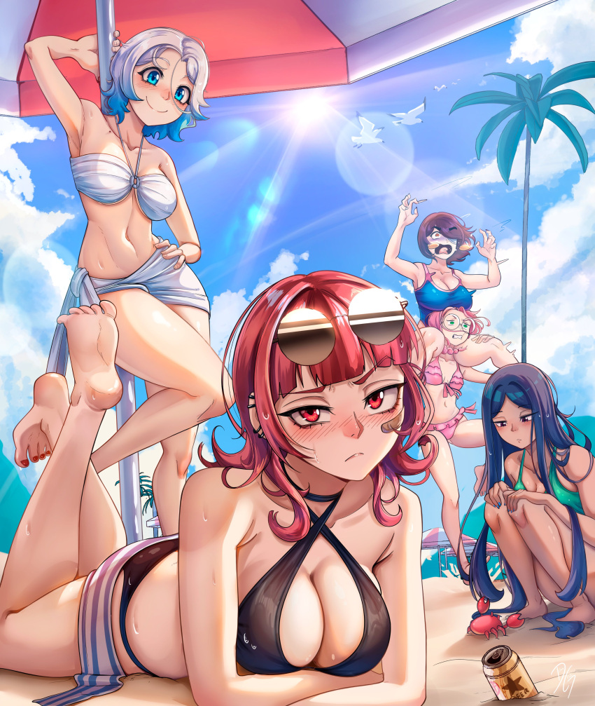 5girls absurdres arm_up bandaid bandaid_on_cheek bandaid_on_face beach beach_umbrella bikini bird black_bikini black_eyes black_hair black_one-piece_swimsuit blue_eyes blue_hair blue_sky blush breasts can charlotte_(dilan_griz) choppy_bangs cleavage closed_mouth cloud collarbone commentary_request crab crossed_arms day dilan_griz drink_can ear_piercing erika_(dilan_griz) eyewear_on_head feet feet_up gradient_hair green_bikini green_eyes hair_over_one_eye highres julieth_(dilan_griz) kat_(dilan_griz) large_breasts long_hair looking_at_viewer lying medium_breasts medium_hair mole mole_on_collarbone multicolored_hair multiple_girls nose on_stomach one-piece_swimsuit one_eye_covered open_mouth orange_eyes original outdoors palm_tree parted_bangs parted_hair piercing pink_bikini pink_hair purple_hair queen_(dilan_griz) red_eyes red_hair round_eyewear short_hair sky small_breasts smile spanish_commentary standing sun sunglasses sweat swimsuit toes tree umbrella white_bikini white_hair