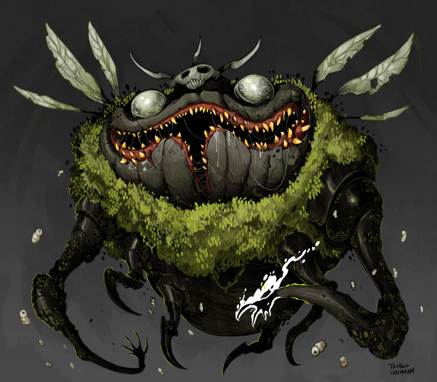 absurdres arthropod_limbs big_mouth blank_eyes bug cleft_lip creature full_body groal_the_great_(hollow_knight) highres hollow_knight hollow_knight:_silksong maggot moss multiple_wings saliva saliva_trail skull_on_head solo thiago_lehmann too_many_teeth wings