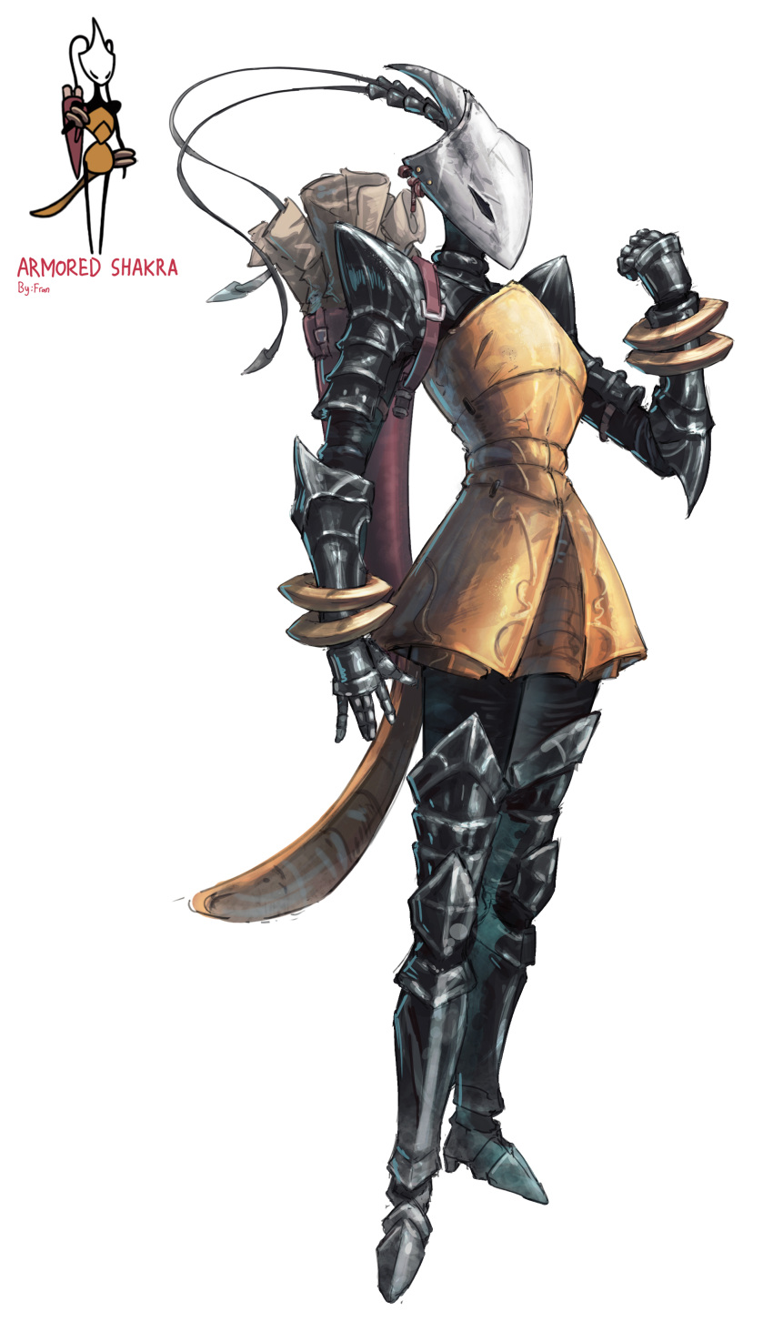 1girl absurdres antennae artist_name bag black_boots black_gloves black_pants boots character_name clenched_hand commentary dress english_commentary franlol full_body gloves hand_up highres hollow_knight hollow_knight:_silksong official_art_inset pants shakra_(hollow_knight) simple_background solo standing thigh_boots white_background yellow_dress