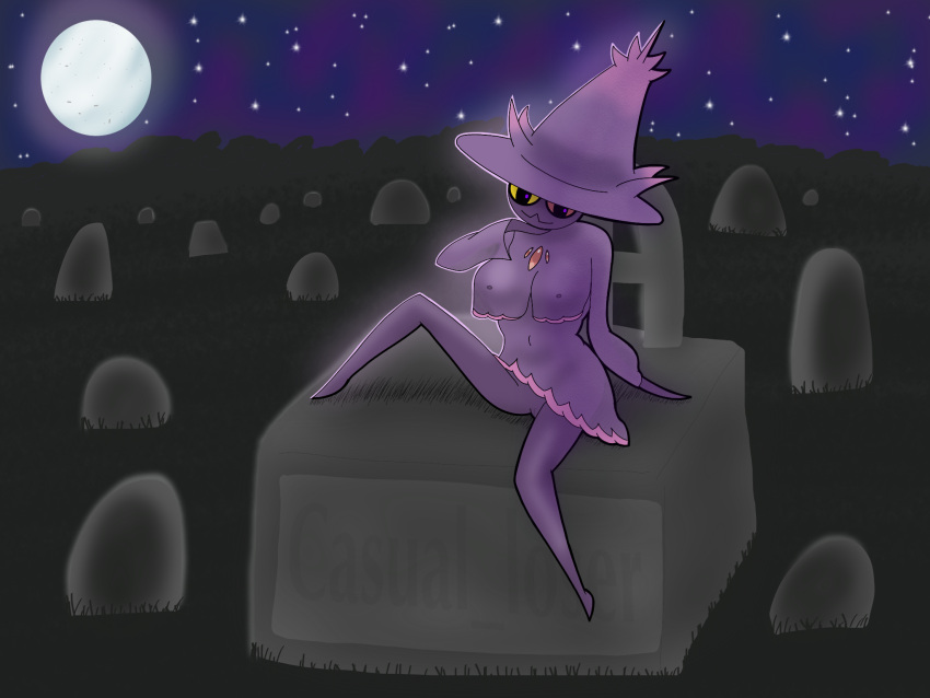 anthro breasts casual_loser cemetery clothing female full_moon game_freak generation_4_pokemon genitals grass hand_under_chin hat headgear headwear heterochromia hi_res mismagius moon night nightgown nintendo nipples plant pokemon pokemon_(species) purple_body raised_leg red_eyes shaded shadow sitting sitting_on_grave solo solo_focus star tombstone vulva watermark witch_hat yellow_eyes