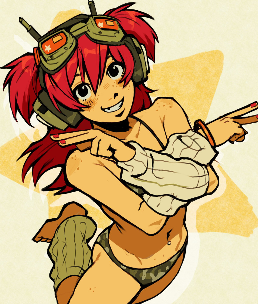 1girl arm_warmers ass barefoot bikini black_eyes body_freckles braclet camouflage camouflage_bikini crossed_arms detached_sleeves double_v freckles from_above goggles goggles_on_head green_bikini grin hair_between_eyes headphones highres leg_up leg_warmers long_hair looking_at_viewer missing_tooth nail_polish navel_piercing nifast_(greentail) original piercing red_hair red_nails shoulder_freckles smile solo star_(symbol) star_symbol_background swimsuit thigh_freckles truck_(nifast_(greentail)) two_side_up v white_sleeves