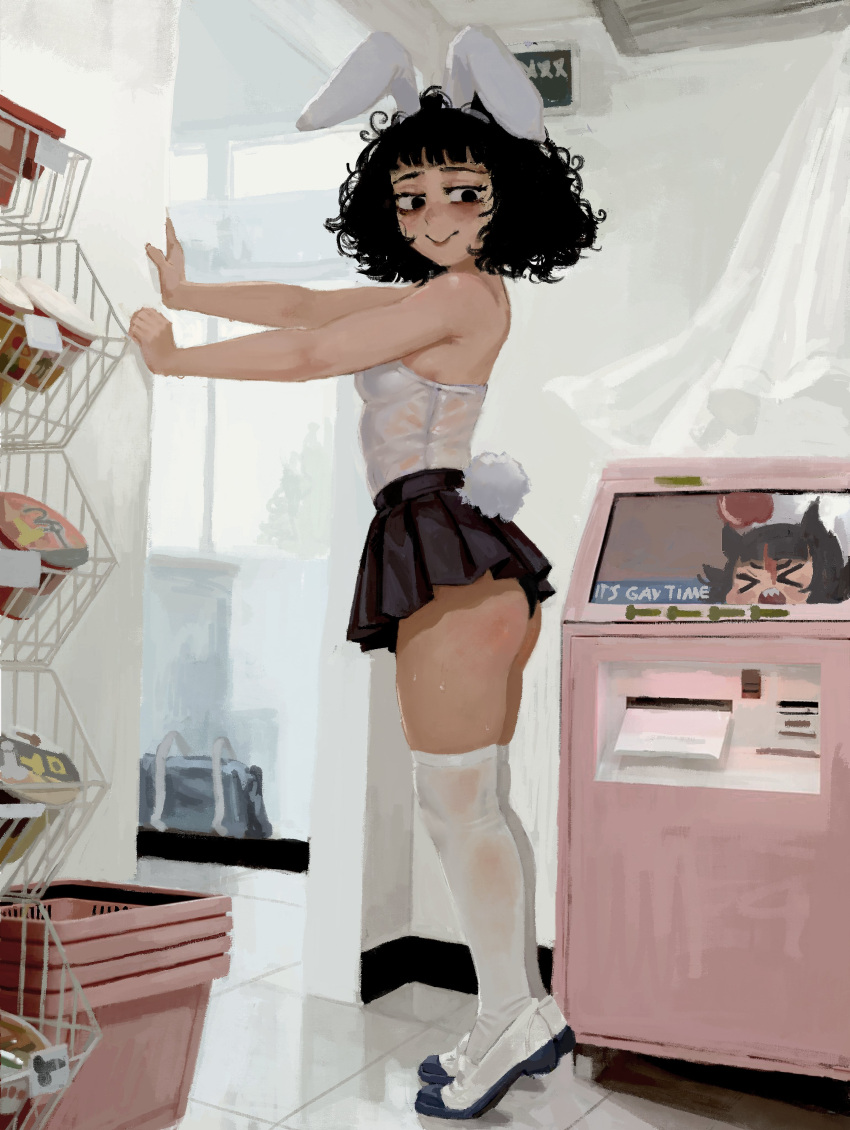 1girl absurdres animal_ears apple ass ass_peek bag basket blood blood_on_face blush casato character_request cup_ramen curly_hair duffel_bag food fruit highres machine noodles original rabbit_ears rabbit_tail ramen shop skirt sweat tagme tail thighhighs thighs