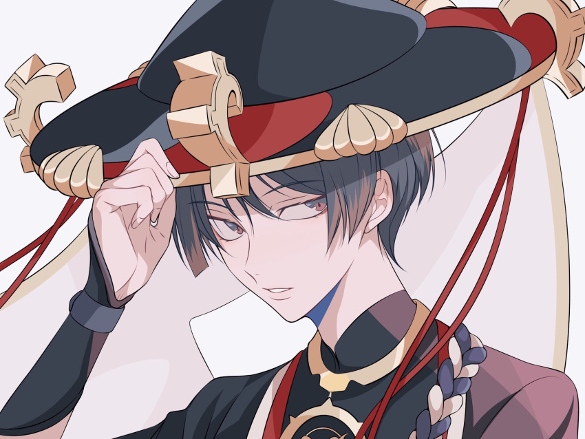 1boy adam's_apple armor black_bodysuit black_hat blunt_ends bodysuit brown_hair eyelashes fingernails genshin_impact gold grey_eyes grey_hair hand_up hat highres japanese_armor japanese_clothes jewelry jingasa juban ki_(01ki) kimono kote kurokote looking_at_viewer male_focus mandarin_collar multicolored_hair neck_ring open_mouth portrait purple_rope red_hat red_kimono rope scaramouche_(genshin_impact) shimenawa solo streaked_hair tsurime two-tone_hat veil white_background white_kimono white_mouth white_rope white_veil