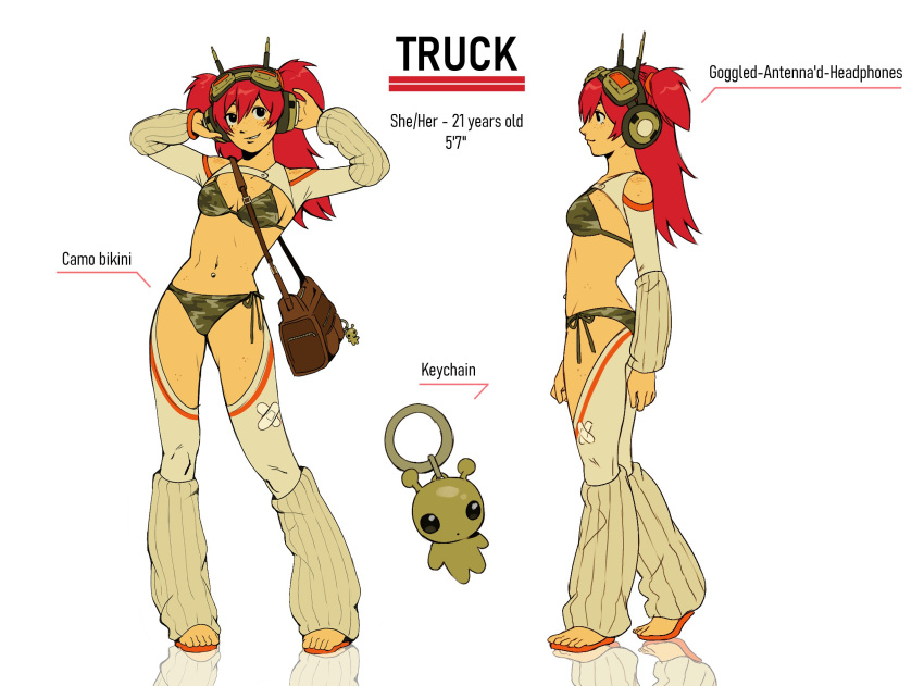 1girl alien arm_warmers bag bandaid bandaid_on_clothes bikini black_eyes body_freckles breast_freckles breasts brown_bag camouflage camouflage_bikini character_age character_name charm_(object) english_commentary english_text freckles from_side full_body goggles goggles_on_head green_bikini hands_on_headphones headphones height highres leg_warmers long_hair long_sleeves multiple_views navel navel_piercing nifast_(greentail) original piercing pointing_out_the_details radio_antenna red_hair red_sandals reference_sheet reflective_floor sandals shoulder_bag shoulder_freckles shrug_(clothing) side-tie_bikini_bottom simple_background small_breasts smile standing stomach straight-on swimsuit thigh_freckles thighhighs truck_(nifast_(greentail)) two_side_up white_background white_thighhighs