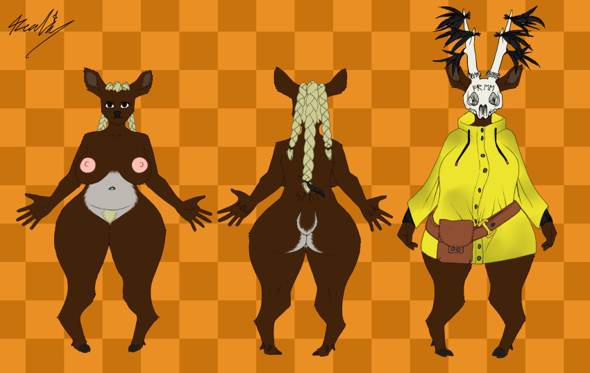 absurd_res anthro areola big_breasts biped bone breasts capreoline cervid checkered_background clothing coat curvaceous curvy_figure digitigrade feathers female genitals hi_res huge_breasts huge_thighs mammal model_sheet nipples nude pattern_background pubes pussy raincoat realius roe_deer simple_background skull solo thick_thighs topwear traditional_media_(artwork) voluptuous