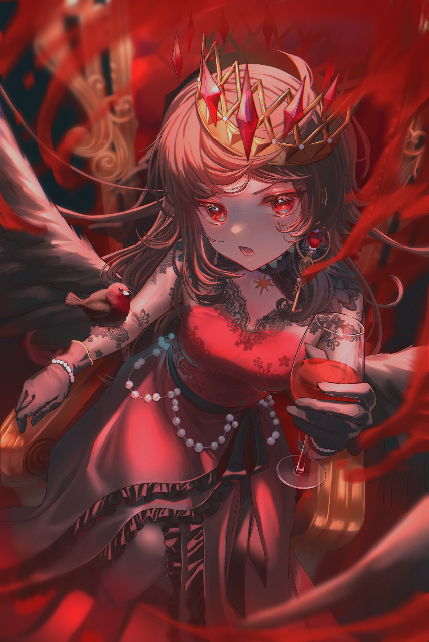 1girl absurdres animal animal_on_arm bird bird_on_arm black_gloves black_wings bracelet brown_hair commentary_request crown cup dress drink drinking_glass eyelashes gloves highres holding holding_cup jewelry lace lace_sleeves long_hair looking_at_viewer open_mouth original pearl_bracelet red_dress red_eyes red_theme satori_suzuha serious solo wine_glass wings