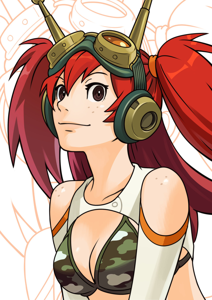 1girl absurdres ace_attorney bikini bikini_top_only body_freckles breasts brown_eyes camouflage camouflage_bikini cleavage commentary detached_sleeves english_commentary freckles goggles goggles_on_head green_bikini hair_between_eyes headphones highres long_hair looking_at_viewer medium_breasts nifast_(greentail) original parody red_hair shoulder_freckles smile solo style_parody swimsuit truck_(nifast_(greentail)) two_side_up upper_body white_background white_sleeves