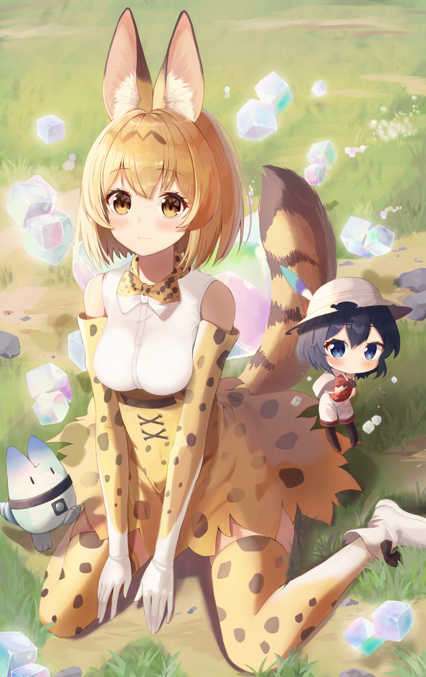 2girls absurdres animal_ears backpack bag bangs bare_shoulders bitseon black_hair black_legwear blonde_hair blush breasts brown_hairband chibi closed_mouth commentary day eyebrows_visible_through_hair gloves grass hairband hat_feather helmet high-waist_skirt highres holding_strap huge_filesize kaban_(kemono_friends) kemono_friends looking_at_viewer lucky_beast_(kemono_friends) medium_breasts multiple_girls on_ground orange_eyes orange_gloves orange_legwear orange_neckwear orange_skirt outdoors pith_helmet print_gloves print_legwear print_neckwear print_skirt red_shirt sandstar serval_(kemono_friends) serval_ears serval_girl serval_print serval_tail shadow shiny shiny_hair shirt short_hair shorts sitting skirt sleeveless sleeveless_shirt smile striped_tail tail thighhighs wariza white_footwear white_shirt