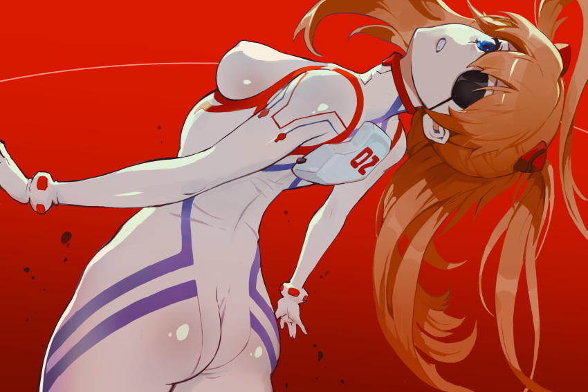 1girl arched_back ass bared_teeth blue_eyes bodysuit breasts brown_hair covered_nipples evangelion:_3.0+1.0_thrice_upon_a_time eyepatch from_behind hibaneim highres interface_headset long_hair looking_back medium_breasts neon_genesis_evangelion one-eyed pilot_suit plugsuit rebuild_of_evangelion red_background shikinami_asuka_langley skin_tight solo souryuu_asuka_langley two_side_up white_bodysuit