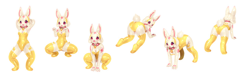 2020 4_fingers absurd_res all_fours anthro blush breasts butt collar female fingers hi_res lagomorph leporid machine mammal open_mouth paw_pose pose presenting presenting_hindquarters rabbit red_eyes robot simple_background smile solo tetetor-oort white_background