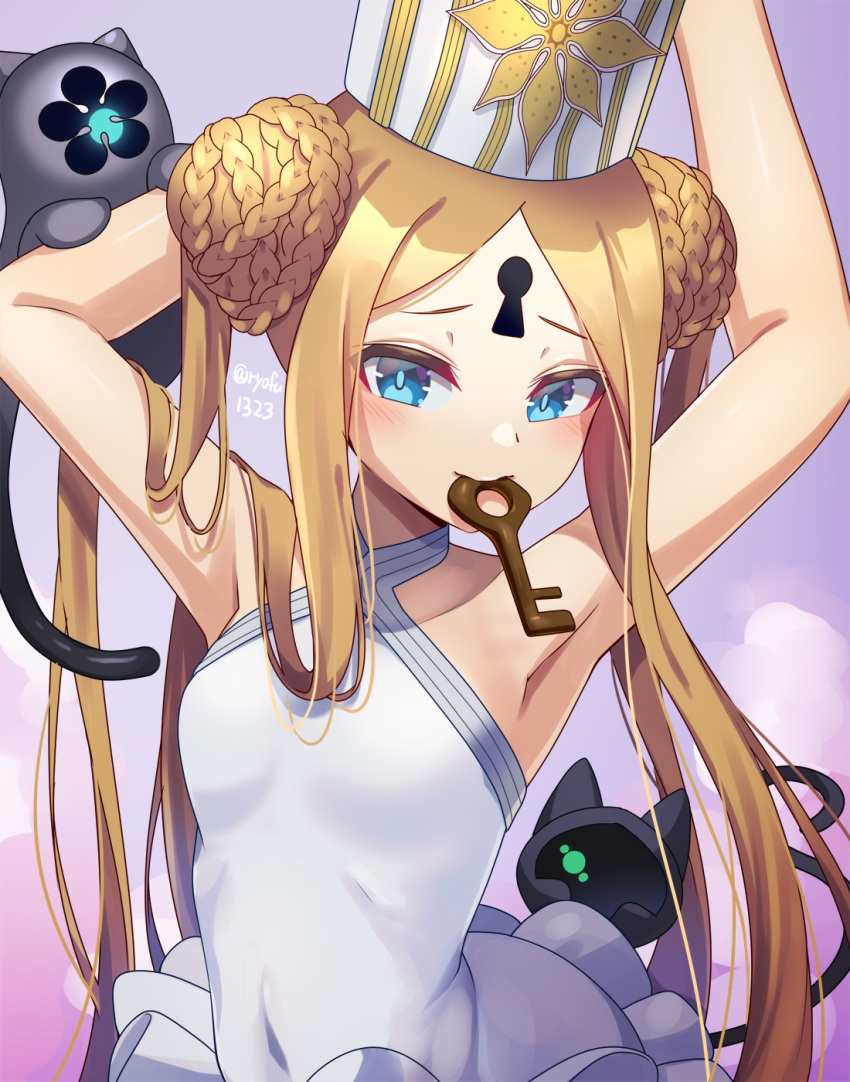 1girl abigail_williams_(fate) abigail_williams_(swimsuit_foreigner)_(fate) armpits arms_behind_head arms_up bangs bare_shoulders black_cat blonde_hair blue_eyes braid braided_bun breasts cat chocolate double_bun dress_swimsuit fate/grand_order fate_(series) forehead highres key keyhole long_hair mitre mouth_hold parted_bangs ryofuhiko sidelocks small_breasts swimsuit twintails very_long_hair white_headwear white_swimsuit