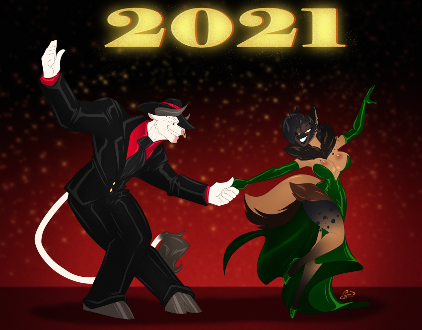 2021 5_fingers absurd_res anthro armwear barefoot big_breasts black_body black_fur black_hair black_nose black_spots black_suit bovid bovine breasts brown_body brown_fur cattle charo_corduroy chest_tuft cleavage clothed clothing curvaceous curvy_figure dancing digital_media_(artwork) dreaj1 dress duo elbow_gloves facial_piercing fedora female fingers footwear fur gloves green_clothing green_dress green_footwear green_shoes hair hand_holding handwear hat headgear headwear hi_res hip_tuft holidays hooves humanoid_hands hyaenid looking_at_another looking_at_partner ludwig_bullworth_jackson ludwig_bullworth_jackson_(copyright) male male/female mammal multicolored_body multicolored_fur multicolored_tail neck_tuft necktie new_year nose_piercing nose_ring ooo-belise-ooo piercing ruff septum_piercing shoes signature smile sparkles sparkly_dress spots spotted_body spotted_fur spotted_hyena standing story story_in_description strapless_clothing strapless_dress suit tuft two_tone_body two_tone_fur voluptuous white_body white_fur wide_hips yellow_eyes