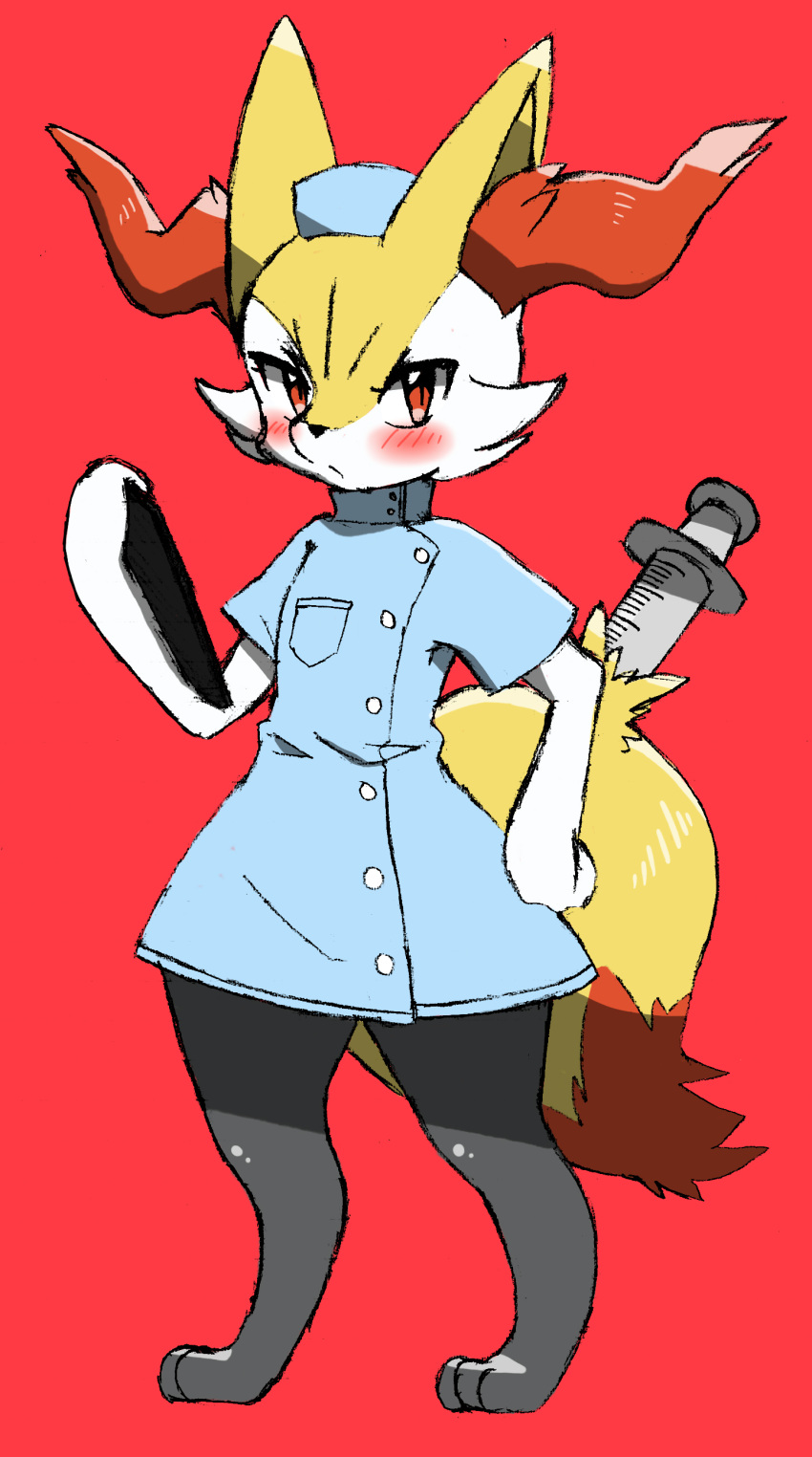 1girl absurdres animal_ear_fluff animal_ears animal_nose barefoot black_fur blue_dress blush body_fur braixen breast_pocket chizi clipboard closed_mouth clothed_pokemon commentary_request dress flat_chest fox_ears fox_girl fox_tail full_body furry gen_6_pokemon hand_on_hip hand_up hat highres holding nurse nurse_cap paws pocket pokemon pokemon_(creature) red_background red_eyes short_sleeves simple_background sketch snout solo standing syringe tail white_fur yellow_fur