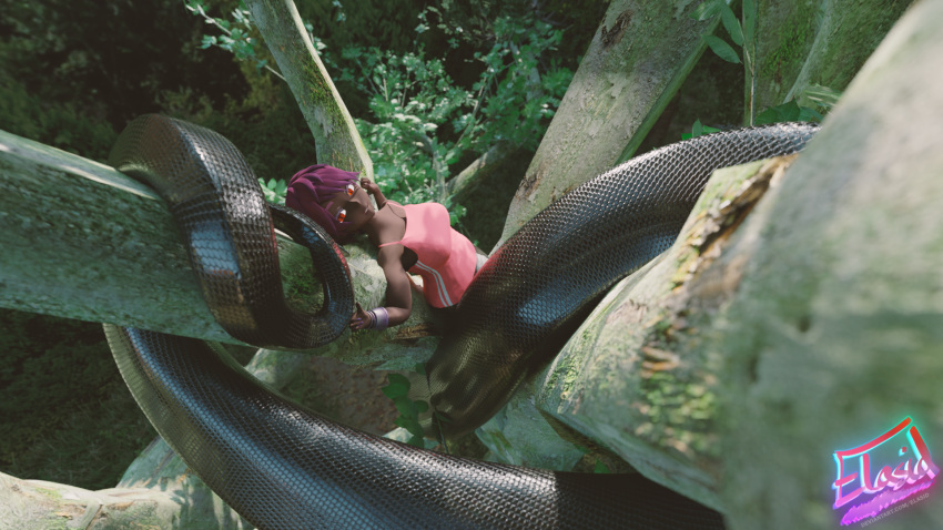 anaconda anaconda_humanoid animal_humanoid apode boa_(snake) boinae branch casual_clothing climbing clothed clothing coiled_tail coiling dark_body dark_hair dark_skin day daylight draconcopode elasid female forest fully_clothed hair hi_res human humanoid hybrid lamia legless lying mammal nature on_back plant purple_hair red_eyes reptile reptile_humanoid reptile_taur scalie scalie_humanoid scalie_taur serpentine snake snake_humanoid solo split_form taur tree