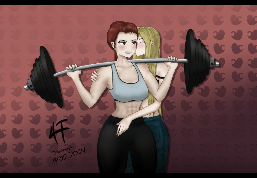 2girls abs artist_name blonde_hair blush cheek_kiss closed_eyes copyright_request grin highres kiss korchevskytea long_hair md5_mismatch multiple_girls navel pants red_eyes red_hair resolution_mismatch self_upload signature smile source_smaller tank_top toned weightlifting yuri