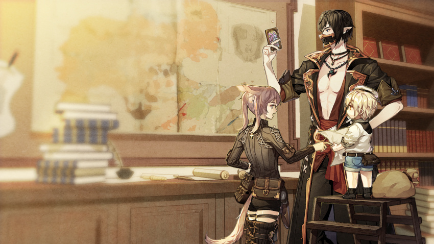 1boy 1girl 1other androgynous animal_ears black_hair blonde_hair blue_eyes book book_stack bookshelf boots cat_ears cat_girl cat_tail cika_k closed_mouth coat commentary covered_mouth elezen elf extra_ears fictional_persona final_fantasy final_fantasy_xiv hand_up hat height_difference highres holding indoors jewelry ladder lalafell long_sleeves looking_at_another looking_at_object map mask medium_hair miqo'te mouth_mask open_mouth orange_eyes pants pectorals pendant pointy_ears pouch purple_eyes purple_hair shirt shoes short_hair short_sleeves shorts sidelocks socks standing stepladder stomach symbol_commentary tail thigh_boots thigh_strap thighhighs toned toned_male twintails