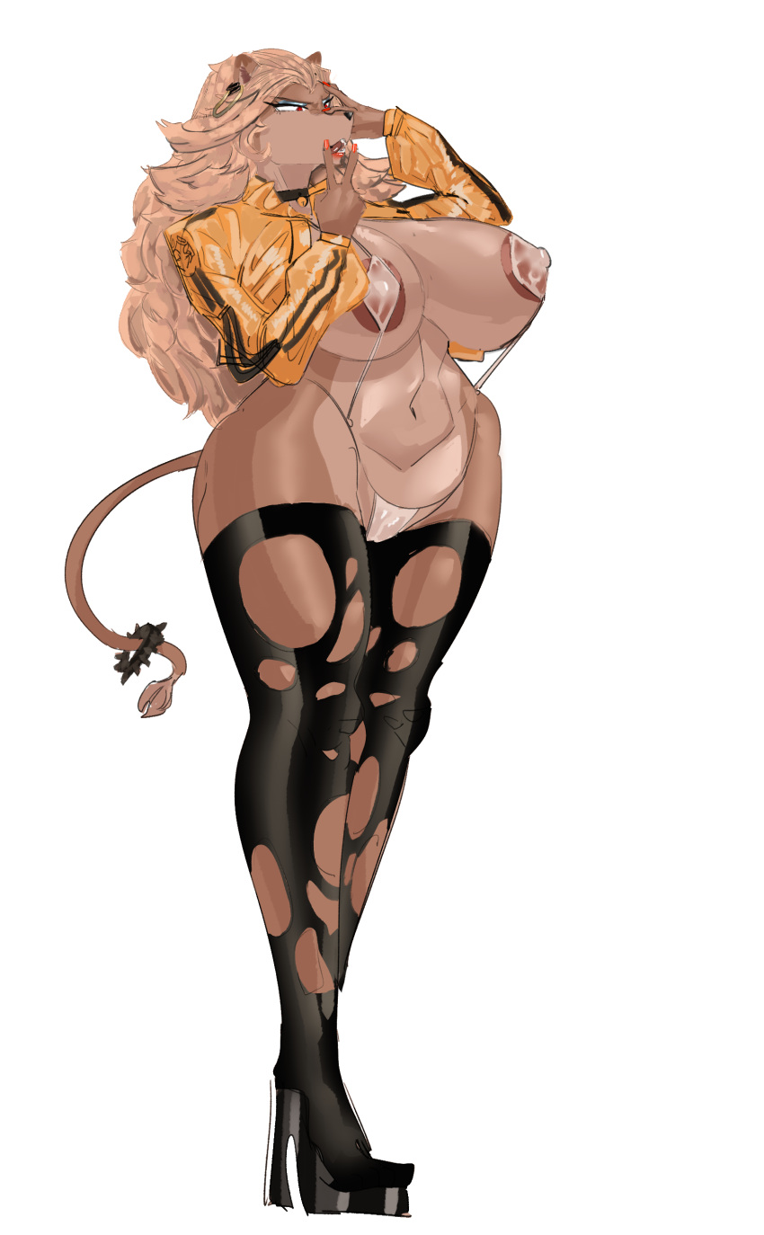 absurd_res anthro areola big_breasts breasts carsen clothed clothing felid female hi_res legwear lion mammal pantherine skimpy solo thigh_highs wide_hips