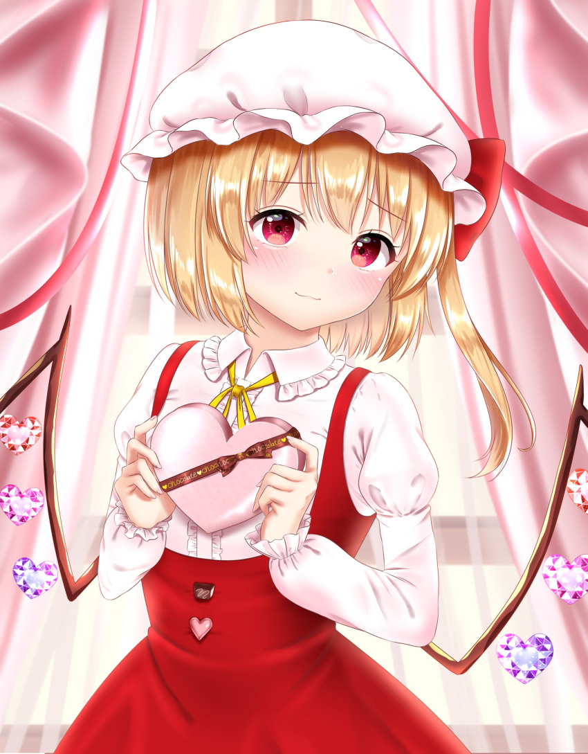 1girl alternate_costume bangs blonde_hair blush box curtains dress eyebrows_visible_through_hair flandre_scarlet gift gift_box hat hat_ribbon head_tilt heart-shaped_box highres holding holding_gift juliet_sleeves light_smile long_sleeves looking_at_viewer mob_cap nyanyanoruru one_side_up pinafore_dress puffy_sleeves red_dress red_eyes ribbon shirt short_hair solo touhou valentine white_headwear white_shirt window wings yellow_neckwear yellow_ribbon