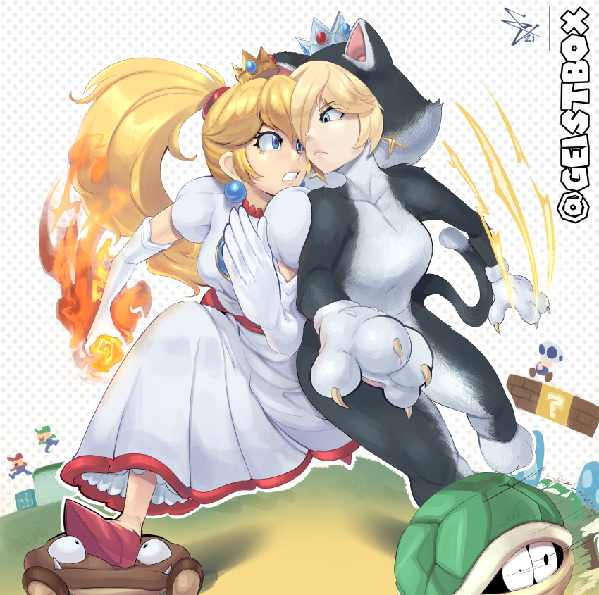 absurdres animal_costume blonde_hair blue_eyes cat_costume claws clenched_teeth crown dress eye_contact flaming_hand geistbox goomba highres koopa_troopa looking_at_another luigi mario mario_(series) mini_crown ponytail princess_peach red_footwear rosalina running shoulder-to-shoulder super_mario_3d_world teeth toad white_dress