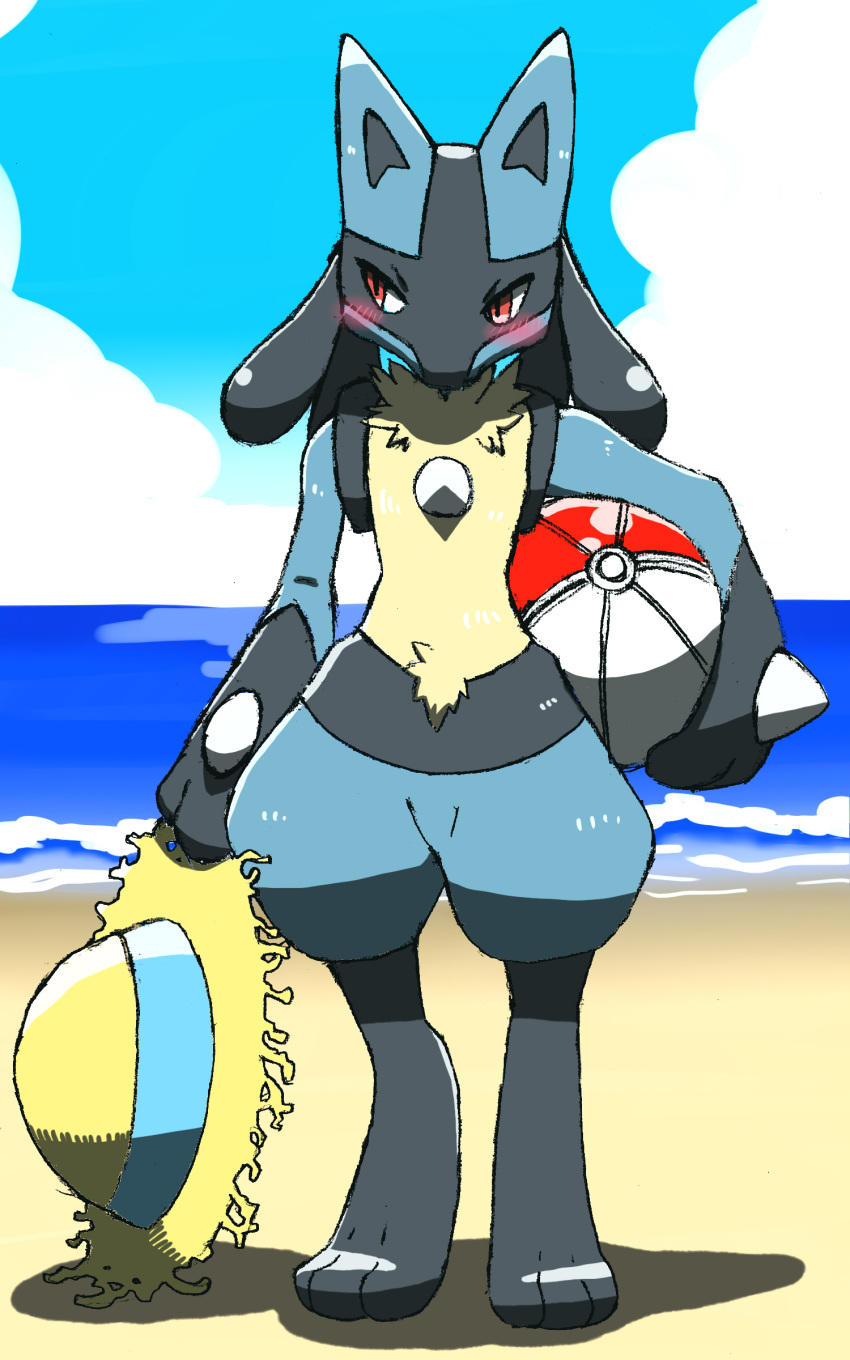 1boy absurdres animal_ears ball beach beachball black_fur blue_fur blue_sky blush body_fur chizi cloud commentary_request day full_body furry gen_4_pokemon hat highres holding horizon looking_to_the_side lucario male_focus ocean outdoors poke_ball_theme pokemon pokemon_(creature) red_eyes sand sky snout solo spikes standing sun_hat water wolf_boy wolf_ears yellow_fur yellow_headwear