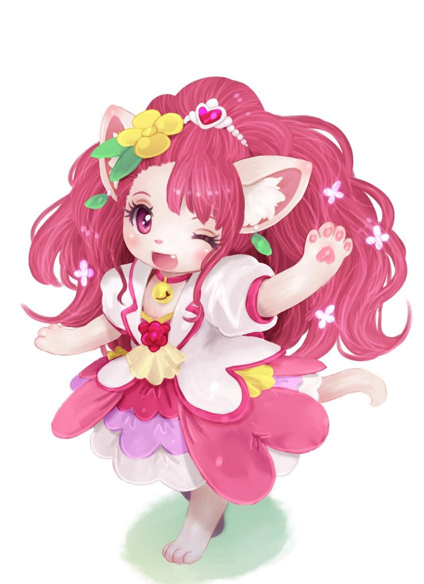 2021 ambiguous_gender anthro barefoot clothing crown domestic_cat dress felid feline felis hair hi_res mammal one_eye_closed open_mouth pink_eyes pink_hair simple_background smile solo standing tetetor-oort tiara white_background