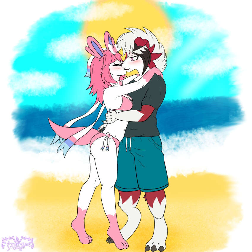 2025 anthro beach bikini blush braixian breasts canid canine clothed clothing cute_fangs digital_media_(artwork) duo eeveelution fangs female fur game_freak generation_6_pokemon generation_7_pokemon hi_res interspecies interspecies_romance kissing love lycanroc male male/female mammal midnight_lycanroc nintendo outside pokemon pokemon_(species) red_body red_fur romantic romantic_couple sand seaside smile swimming_trunks swimwear sylveon tail teeth two-piece_swimsuit water white_body white_fur