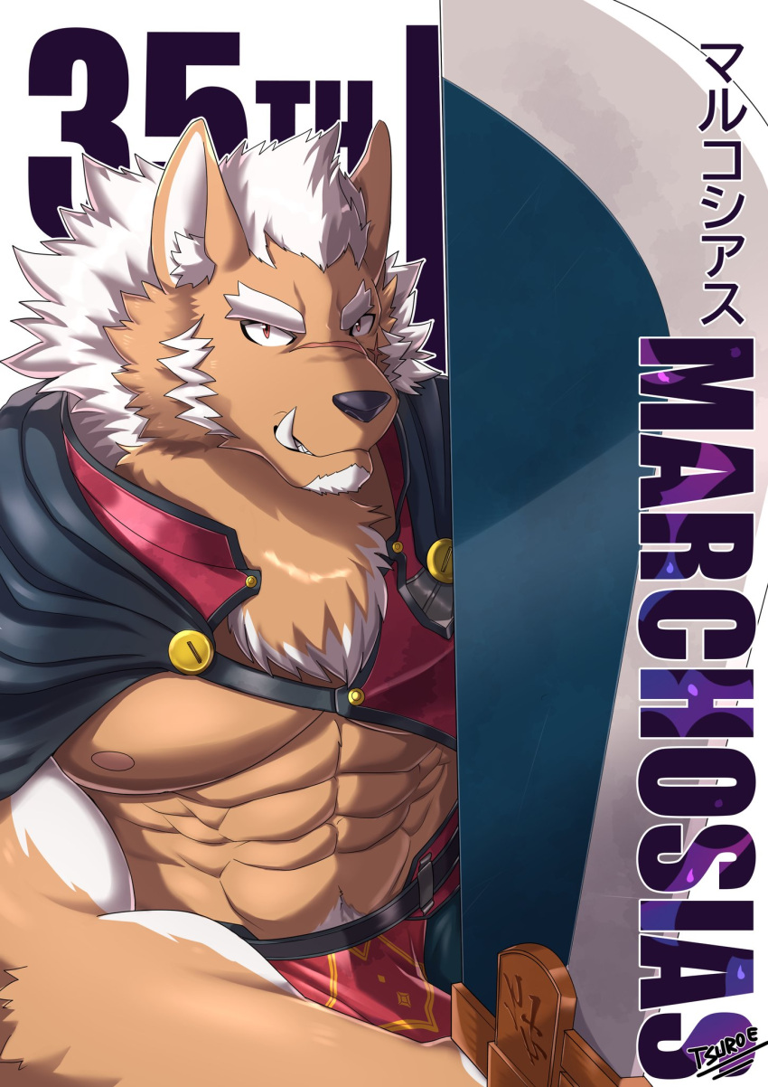 abs anthro armor big_sword black_nose breastplate canid canine canis cape chuurow clothing eyebrows facial_scar fallen_angel fur hair hi_res holding_object holding_sword holding_weapon japanese_text male mammal marchosias_(tas) melee_weapon muscular muscular_anthro muscular_male nipples pecs pubes scar signature simple_background sword text tokyo_afterschool_summoners translation_request unconvincing_armor video_games weapon white_background white_body white_eyebrows white_fur white_hair wolf
